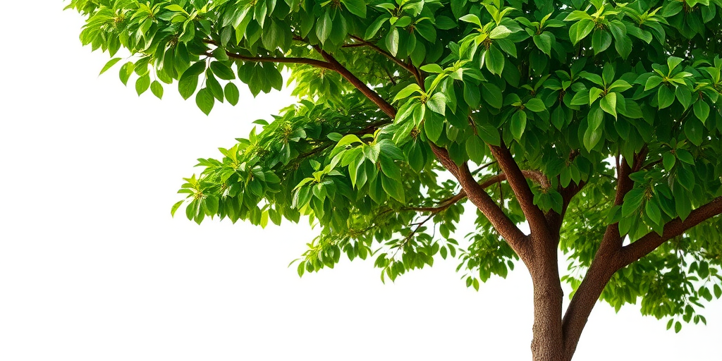 Generate a high-resolution image of a lush green tree on a plain background using a DSLR camera with a 50mm lens, f/2.8 aperture, ISO 100, and a 1/200s shutter speed, in a portrait orientation and natural lighting for depth and detail.