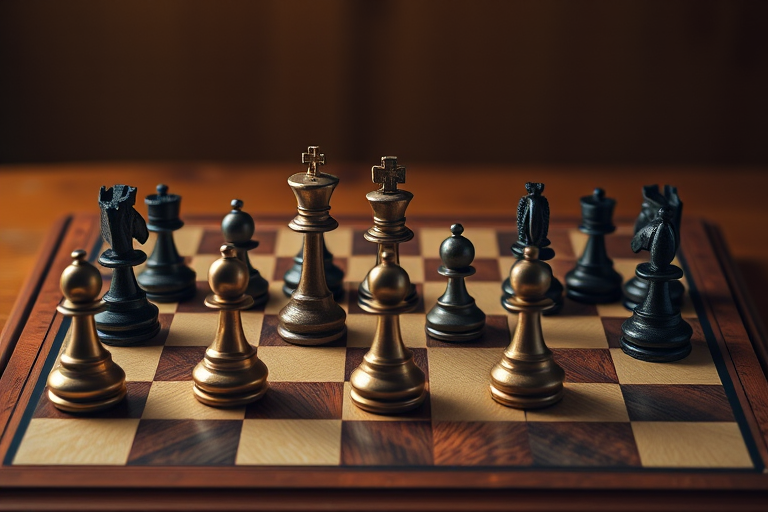 Create an ultra HD image of a chessboard with pieces in starting position, shot from a top-down view using a DSLR camera at f/2.8 aperture, ISO 100, and a focal length of 24mm to ensure sharp details and vivid colors.