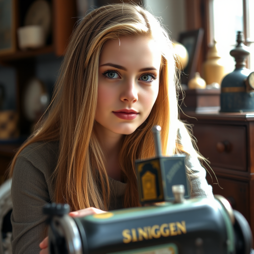 Capture a close-up portrait of a young woman with long blonde hair sitting at a vintage sewing machine, soft natural light, aperture f/2.8, ISO 200, 50mm lens, shallow depth of field, in a nostalgic retro setting with antique decor in the background.