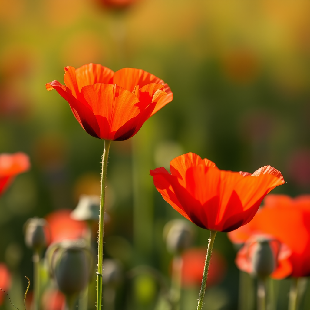 Close-up of vibrant red poppy flowers in a soft-focus background, shot with a Canon EOS R5, 85mm lens, aperture f/2.8, ISO 100, natural light.