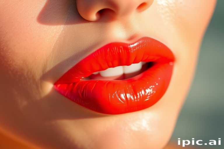 Vibrant coral sunset lip stain "Tropical Breeze" featuring a glossy finish and subtle shimmer, perfect for summer evenings and beach parties, long-lasting and hydrating formula
