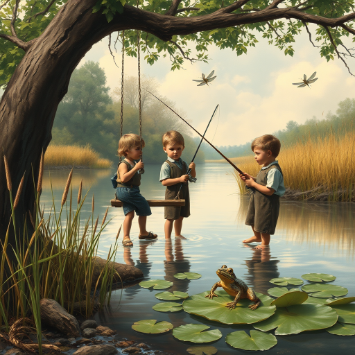 Imagine a small group of old fashioned young boys out fishing by the creek, a swing hanging from a tree branch, reeds and grasses by the water's edge, a frog sitting on a lily pad, dragonflies hovering over som water plans, a very iconic old fashioned scene reminiscent of a Norman Rockwell painting style