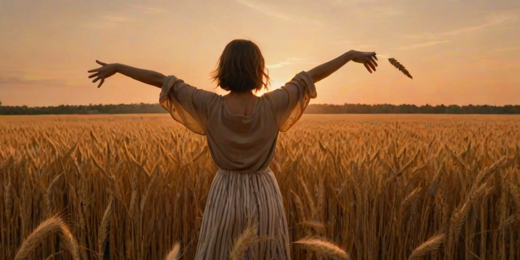 Golden wheat field at sunset, with the sky ablaze in vibrant colors, a woman stands among the tall stalks, her arms outstretched as she spins slowly, basking in the warmth of the setting sun.