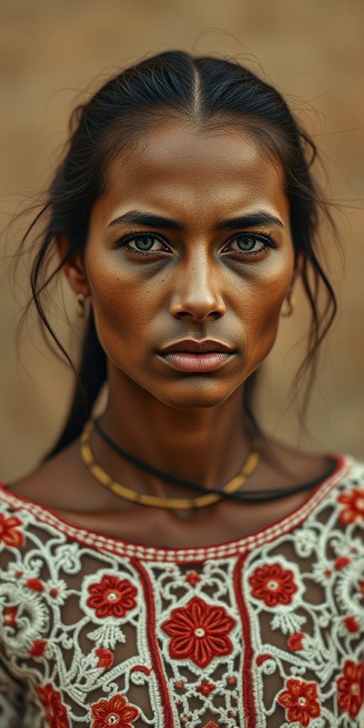 Face, shoulders, chest covered in openwork Romani embroidery. Raw, unedited image.