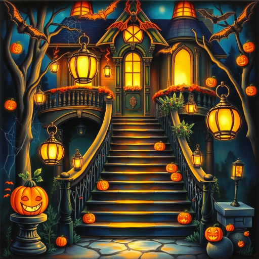 airbrushed oil painting, halloween theme, a haunted house, stairs, highly decorated, illuminated, lanterns, jack o'lantern, bats, webcobs
