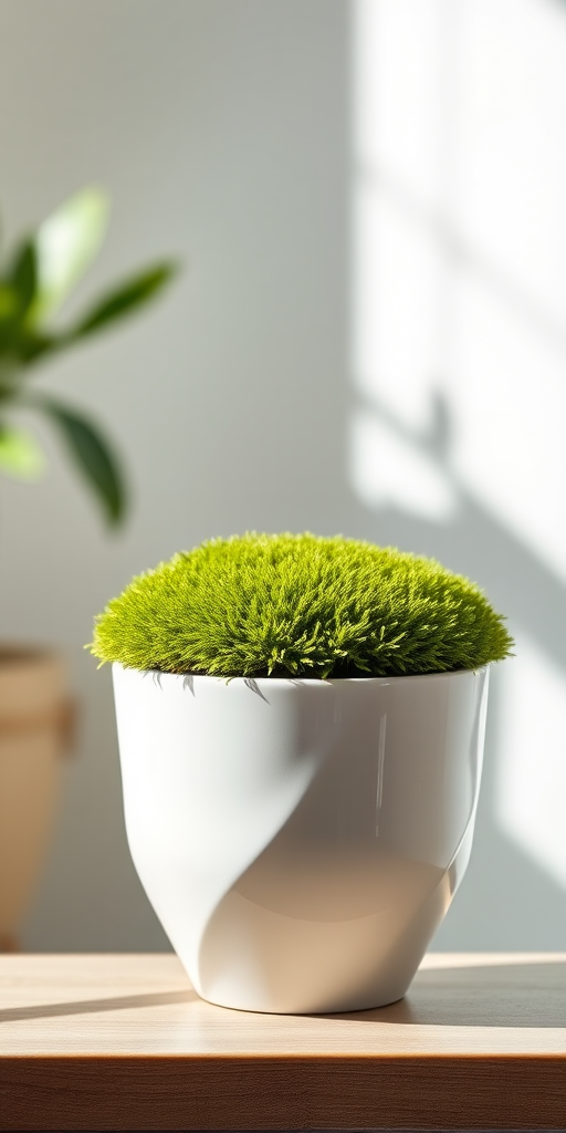 A modern white ceramic planter with a lush green moss top, captured with a Canon EOS R5 at f/2.8, ISO 100, 50mm lens, natural lighting, shallow depth of field, minimalistic background for enhanced focus.