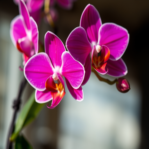 capture a close-up of vibrant pink orchids with a shallow depth of field, f/2.8 aperture, ISO 100, 50mm lens, natural lighting, macro photography style, using a DSLR camera