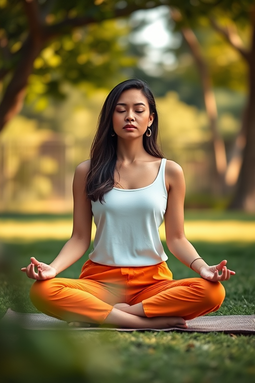 Create an image of a serene outdoor meditation scene with a focus on a woman in a white top and orange pants sitting cross-legged, closed eyes, in a peaceful ambiance, captured with a Canon EOS R, 50mm lens, f/1.8 aperture, ISO 100, soft natural lighting, shallow depth of field, and a slight bokeh effect.