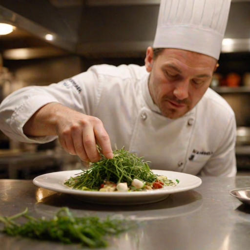 Warmly lit close-up of a chef garnishing a plate with fresh herbs in a gourmet kitchen, soft glow from overhead lights illuminating the food, with distant bustling kitchen activity slightly blurred.