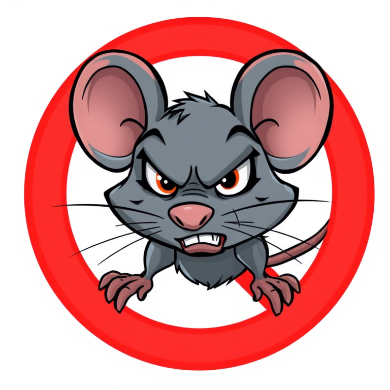 Create a cartoon-style image of a gray cartoon rat with an angry expression, inside a red no symbol, with a white background, using a DSLR camera with a 50mm lens at f/1.8, ISO 100, and a shutter speed of 1/200s for enhanced clarity and depth.