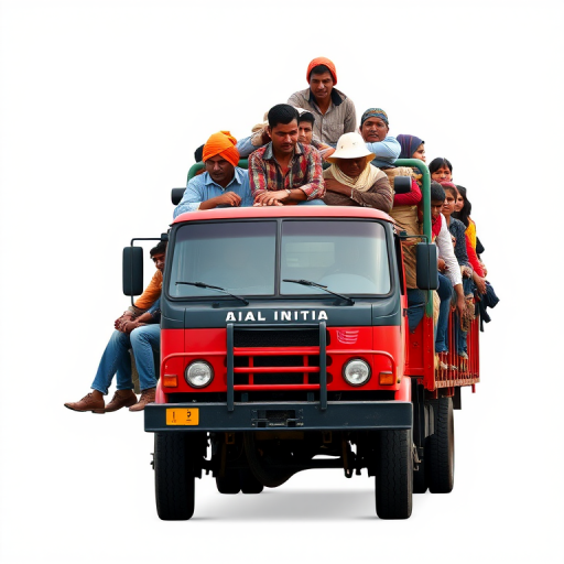 Create an image of a truck overloaded with passengers, featuring a front view with a clean white background, using a DSLR camera set to f/2.8 aperture, 50mm lens, ISO 100, and 1/200s shutter speed for sharp details and vibrant colors.