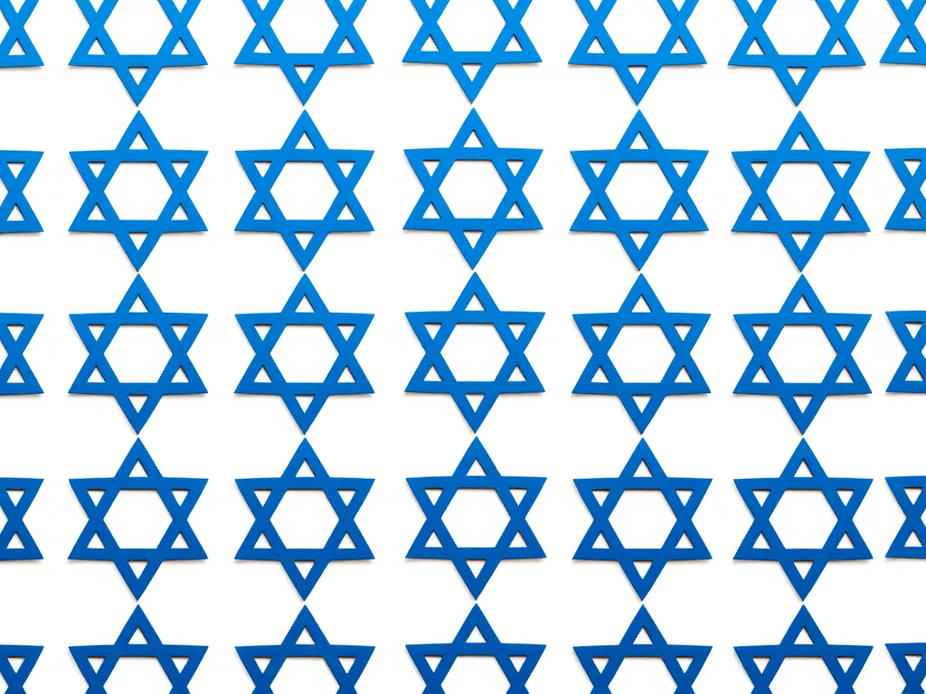 Create a repeating pattern of large blue Star of David shapes on a white background, shot with a Canon EOS 5D Mark IV, 50mm lens, aperture f/8, ISO 100, in a flat lay style for even lighting and a clean composition.