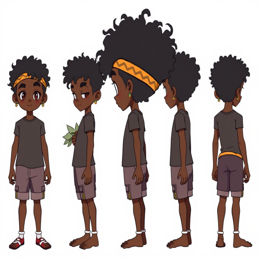 front view, side view, back view, multiple views, reference sheet, full body,TylerNguyen, 1boy, curly hair, black eyes, dark skin, afro, headband, earrings