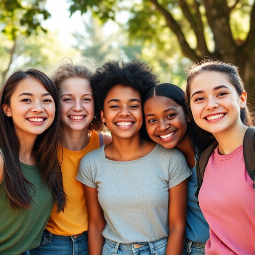 A vibrant outdoor group portrait of five diverse teenagers smiling joyfully, taken with a Canon EOS R5, 24mm lens, f/2.8 aperture, ISO 100, sunlight filtering through trees, shot from a slightly elevated angle for a dynamic perspective, focus on facial expressions and bright colors to enhance warmth and happiness.