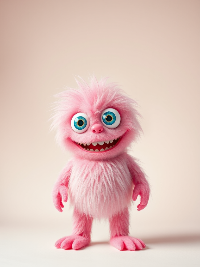Create a fluffy pink monster with large blue eyes and a big smile, standing upright with exaggerated features against a plain background, shot with a Canon EOS R5 at f/2.8, 1/125 sec, ISO 100, using a wide-angle lens for a playful perspective and vibrant colors.