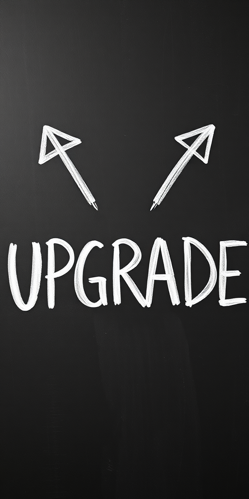chalkboard with the word UPGRADE written in white chalk, arrows above the text, taken with a DSLR camera, 50mm lens, aperture f/1.8, ISO 100, with a shallow depth of field focusing on the text and arrows, soft lighting to enhance clarity and texture