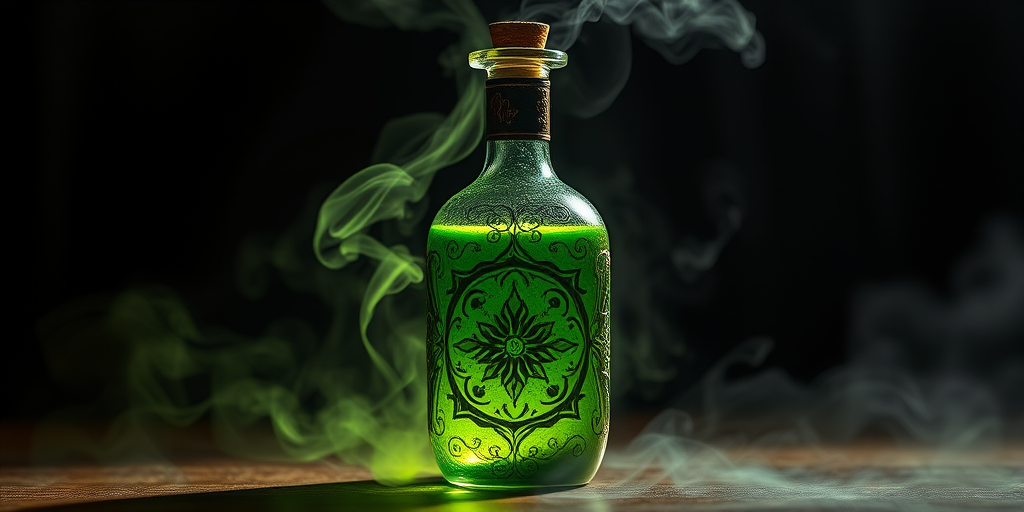 a mystical glass potion bottle with intricate designs filled with glowing green liquid and swirling smoke behind it, shot with a Canon EOS R5, f/1.8 aperture, ISO 100, 50mm lens, soft focus background, dramatic lighting