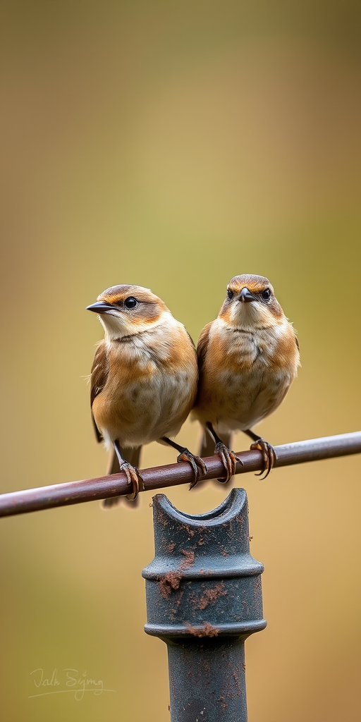 two small brown birds perched on a rustic metal rod with a blurred natural background, shallow depth of field, soft lighting; camera settings: f/2.8, ISO 100, shutter speed 1/200s; camera view: eye-level, camera style: macro photography, camera type: DSLR