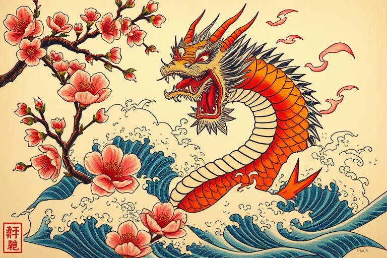Ornate traditional Japanese irezumi tattoo named "Dragon's Whisper" with bold outlines and vibrant colors depicting a fierce dragon emerging from cherry blossoms and crashing waves