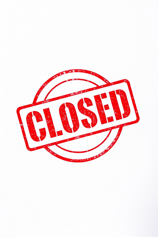 Generate an image of a bold red "CLOSED" stamp on a plain white background, with a DSLR camera using a 50mm lens, aperture set to f/1.8, ISO 100, and a shallow depth of field for enhanced clarity and focus.
