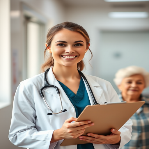 a young female doctor smiling with a clipboard in a hospital setting with an older female patient behind her, soft natural lighting, shallow depth of field, f/2.8 aperture, ISO 100, 50mm lens, DSLR camera, portrait orientation
