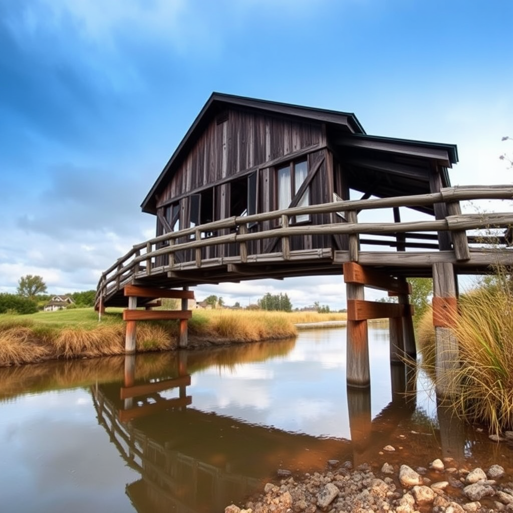 Create a serene landscape image of a wooden bridge over a river with a cloudy sky, capturing the reflection in the water, shot with a Canon EOS R5, 24mm lens, f/8 aperture, ISO 100, in natural light, and a wide-angle view to enhance the scene's depth and detail.