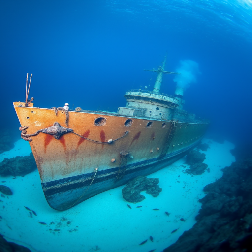 A sunken battleship resting on the ocean floor, surrounded by marine life, soft blue lighting illuminating the scene, captured with a DSLR camera, 16mm lens, f/8 aperture, ISO 100, 1/60 sec exposure, wide-angle view, underwater photography style for detailed texture and depth.