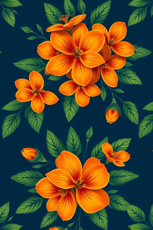 Create a vibrant floral pattern featuring orange flowers and leafy green elements on a dark blue background, captured with a DSLR camera, 50mm lens, f/2.8 aperture, ISO 100, and soft natural lighting for enhanced color saturation and detail.