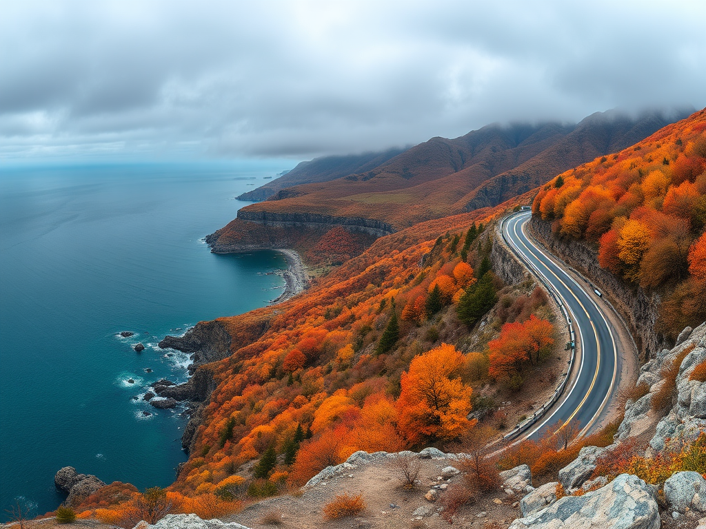 Capture a panoramic view of a winding mountain road overlooking a coastal landscape with lush autumn foliage, utilizing a DSLR camera with a 24mm lens, aperture set to f/8, ISO 100, and a shutter speed of 1/125 second for optimal detail and clarity.