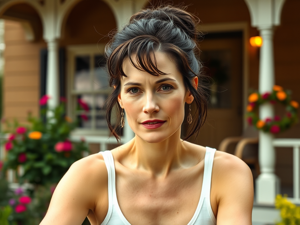 A photo of Tilda Swinton with a background of a cozy porch. She has dark hair pulled back in an updo, with tendrils framing her face. She wears a white tank top and sits on the porch. The porch is part of a well-lit home with a warm, earthy tone and colorful flowers and foliage. The overall scene has a warm, welcoming, and comfortable ambiance.