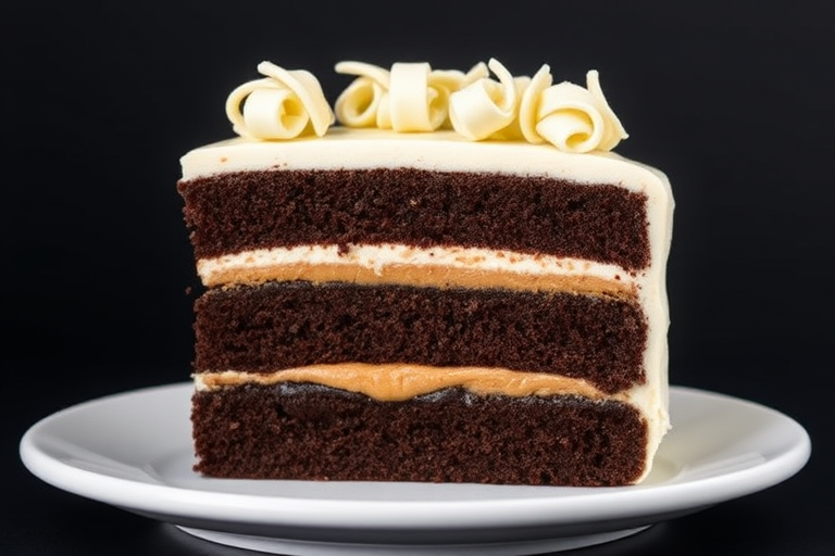 A slice of chocolate cake with multiple layers including dark chocolate ganache and peanut butter filling topped with white frosting and white chocolate curls on a white plate against a dark background.