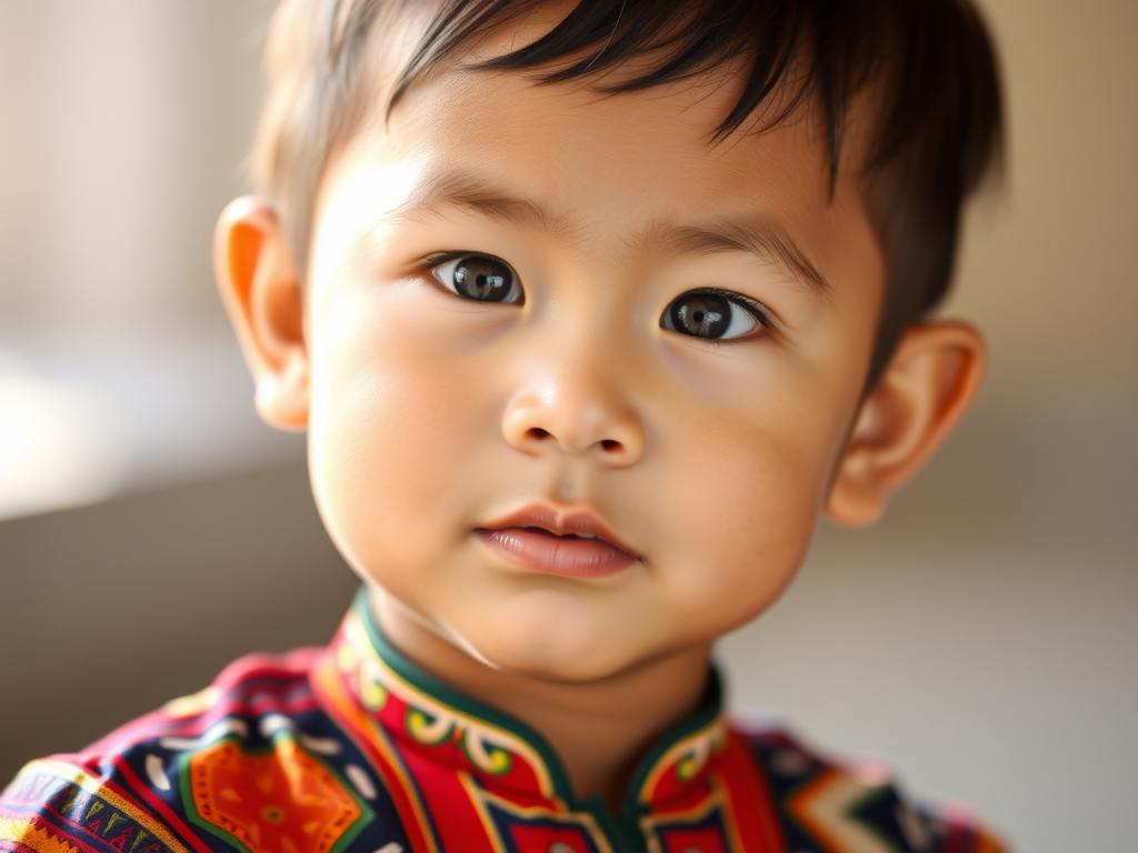 Capture a portrait of a young child wearing a colorful traditional outfit, with soft natural lighting, shallow depth of field to emphasize the child's expression, focal length 50mm, aperture f/1.8, ISO 200, in a candid style, using a DSLR camera.