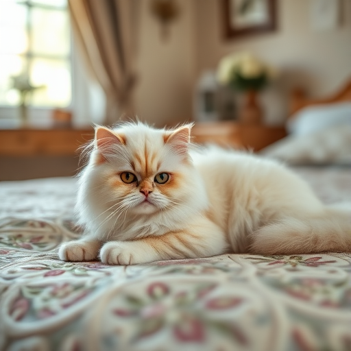 Regenerate an image of a fluffy cream-colored Persian cat lying on an ornate quilt in a cozy, softly lit bedroom, shot with a Canon EOS R5, 50mm lens, aperture f/1.8, ISO 200, natural light, shallow depth of field.