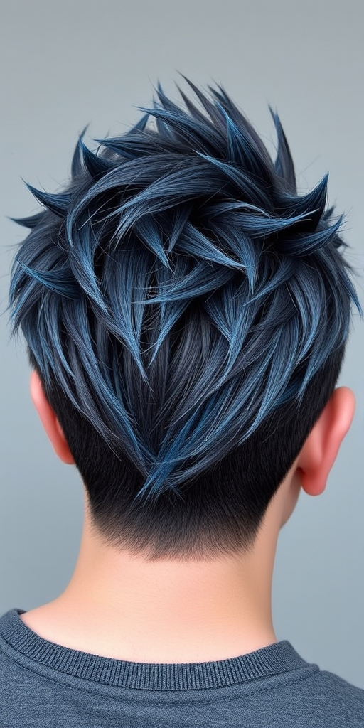 Smoky charcoal grey pixie cut with textured spikes and icy blue tips, creating a fierce and edgy look inspired by jagged mountain peaks and winter storms.