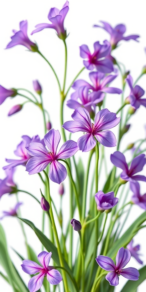 Create a vibrant illustration of purple flowers with green stems and leaves against a plain white background, using a DSLR camera with a 50mm lens, f/1.8 aperture, ISO 100, in macro view for enhanced detail and clarity.