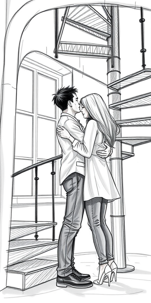 Create a high-resolution sketch of a couple, one partner carrying the other, standing near a spiral staircase, captured with a Canon EOS R5, 50mm lens, f/1.8 aperture, ISO 100, with a shallow depth of field and soft natural light from a window.