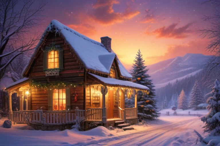 Cozy Winter Cabin at Sunset Surrounded by Snowy Mountains and Trees