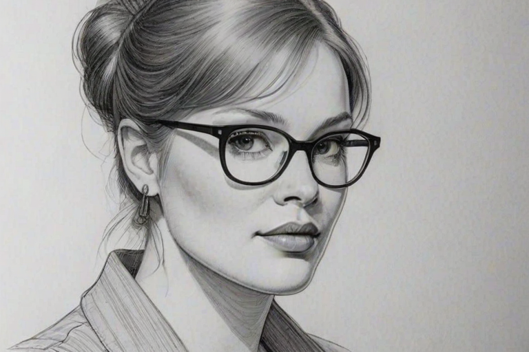 Graceful Cassandra Clare, pencil sketch, portrait of Wonderful woman 1979s in glasses, hair style beatnik, outline, clear lines, fine lines, 8k