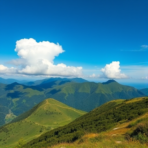 Create a high-resolution landscape image of a scenic mountain view with lush green hills under a clear blue sky, featuring dramatic clouds rolling over the peaks, captured with a wide-angle lens at f/8, ISO 100, shutter speed 1/200s, using a DSLR camera from a low angle perspective for an expansive view of the terrain.