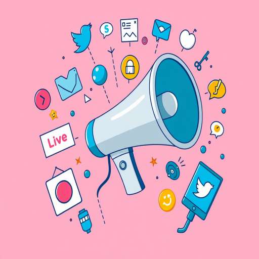 A vibrant digital illustration featuring a megaphone in the center with surrounding icons representing social media and creativity, set against a pink background, captured with a Nikon D850, 50mm lens, f/1.8 aperture, ISO 100, shot in natural light.