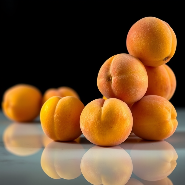 Create a still life photograph of apricots stacked on a reflective surface, using a DSLR camera with a 50mm lens, aperture f/2.8, ISO 100, and a shutter speed of 1/60 seconds, with soft lighting to enhance the texture and color of the fruit against a dark background.