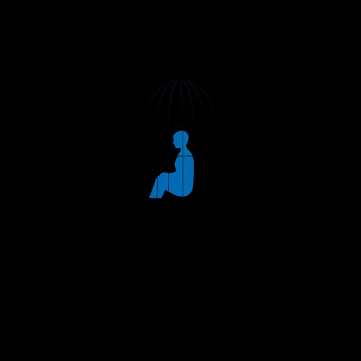 Create a minimalistic illustration of a head silhouette in profile, featuring a blue figure sitting inside a cage within the head, with a stark black background, using a Canon EOS R5, 50mm f/1.2 lens, aperture at f/2.8, shutter speed at 1/200 sec, and ISO 100 for enhanced clarity and detail.