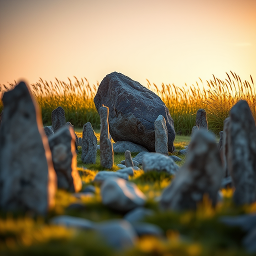 Capture a landscape of standing stones surrounding a large boulder, with tall grass in the background, using a Nikon D850 with a 50mm lens, aperture at f/8, ISO 100, at golden hour for soft lighting, with a shallow depth of field to enhance details in the foreground.