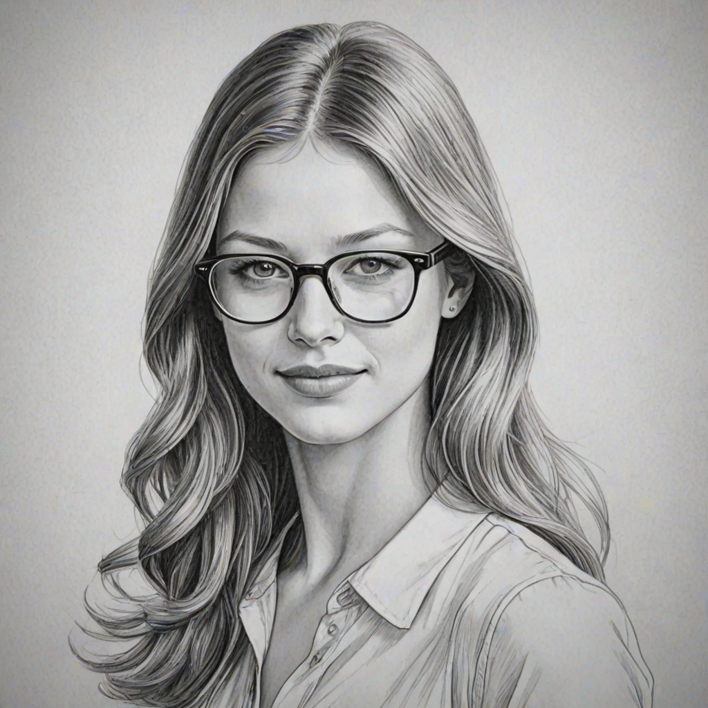 Elegant Melissa Benoist, pencil sketch, portrait of Attractive woman 1970s in glasses, hair style beatnik, outline, clear lines, fine lines, 8k