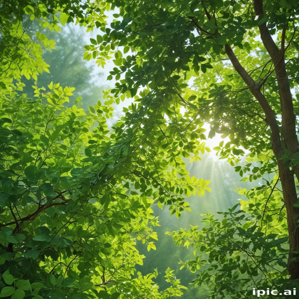 Sunlight Filtering Through Lush Green Leaves in a Serene Forest