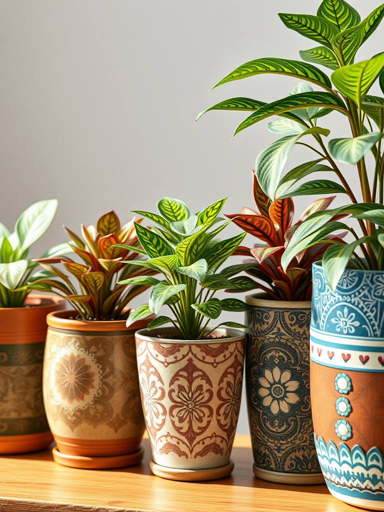Create an image of a variety of potted plants in a straight line, featuring seven unique pots with intricate designs, shot with a Canon EOS R5, 50mm lens, f/2.8 aperture, ISO 100, natural light to enhance vivid colors and details in the leaves and pots.