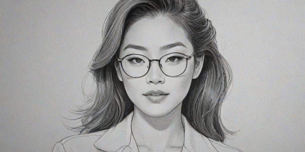 Ravishing Arden Cho, pencil sketch, portrait of Attractive woman 1944s in glasses, hair style beatnik, outline, clear lines, fine lines, 8k