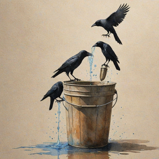 Create a watercolor painting of the silhouette of crows drinking water from a bucket, with muted colors and a textured background.