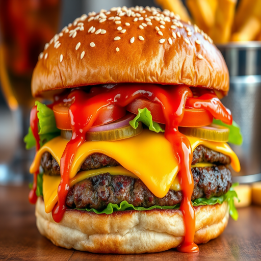 High-resolution, close-up image of a gourmet double cheeseburger. The burger features a glossy, sesame-seed-topped brioche bun. Inside, there are two thick, juicy beef patties, each topped with melted cheddar cheese. The burger is garnished with fresh lettuce, tomato slices, diced onions, and pickles. A generous amount of ketchup and a creamy, orange-colored sauce is dripping down the sides, adding to the mouth-watering appeal. In the background, there are blurred elements including a side of golden French fries and a hint of a beverage, enhancing the overall presentation of a delicious meal.