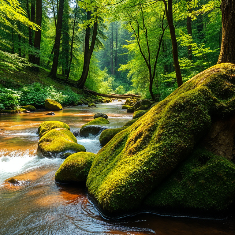 capture a serene forest river scene with lush greenery and moss-covered rocks at midday using a DSLR camera, 24mm lens, aperture f/8, shutter speed 1/125s, ISO 200, vibrant colors, and high dynamic range for enhanced details and depth